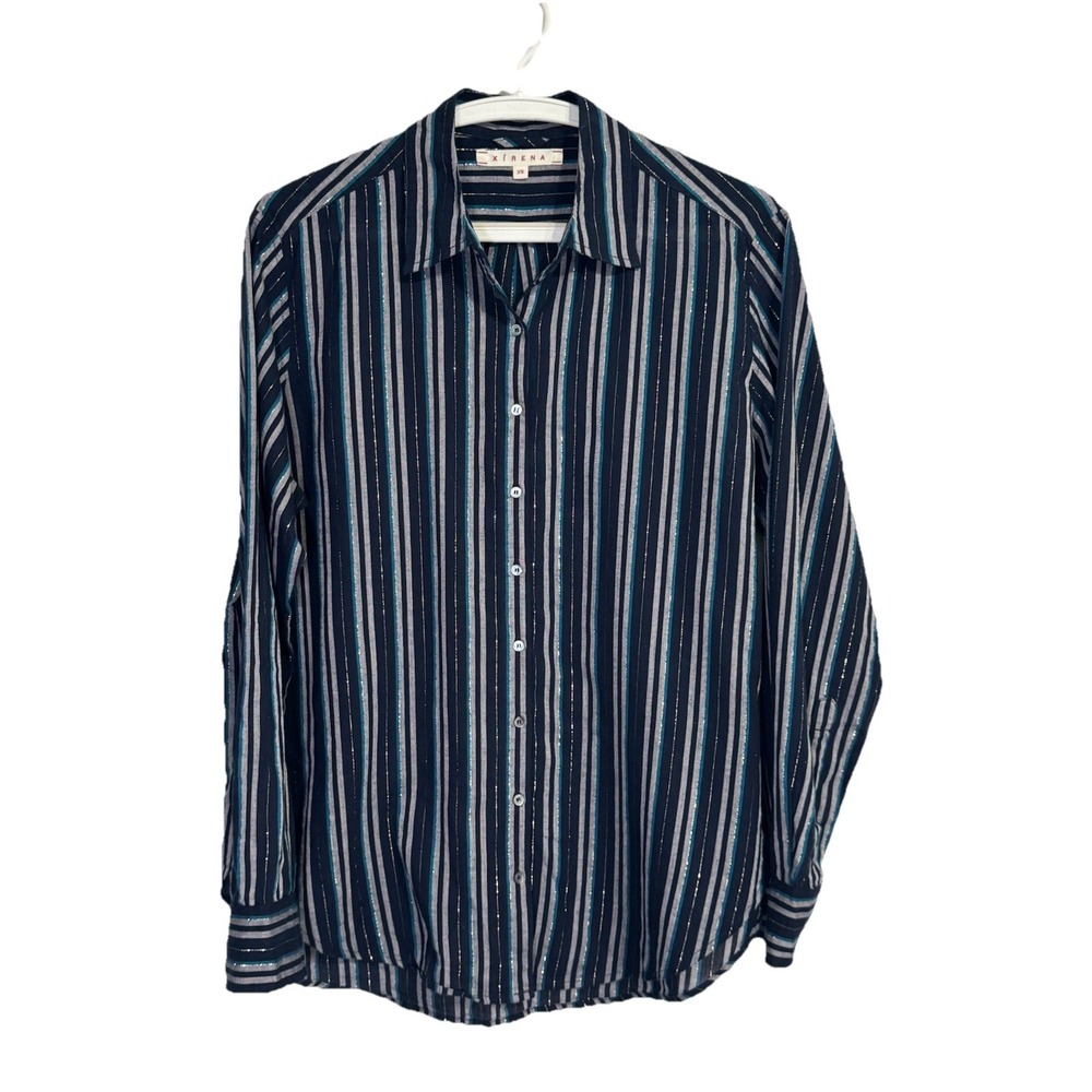 Xirena Size XS Beau Button Up Striped Shirt Blue Metallic Career Office